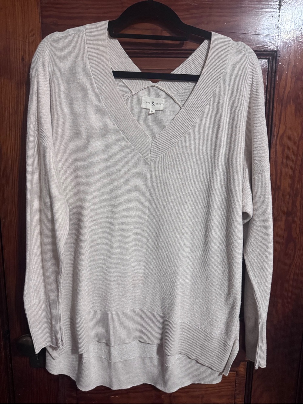 Lou & Grey Oatmeal Beige Ribbed V-Neck Sweater Medium 100% cotton